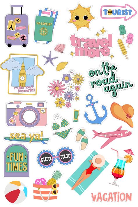 Scrapbook Vacation Ideas, Summer Vacation Scrapbook Ideas, Vacation Stickers Printable, Traveling Stickers Printable, Designs For Scrapbook, Summer Stickers Aesthetic, Sticker Book Diy, Book Aesthetic Sticker, Travel Png Sticker