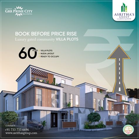 Invest now in Asritha's Grr Prime City's luxurious villa plots before the price rise! 🏡💰 Live in style, surrounded by nature's beauty. Don't miss out!📲 Visit: asrithasgroup.com 📲7337336696 #Asrithasgroup #GrrPrimeCity #DreamHome #LuxuryLiving #YourDreamAwaits #flats #2bhk #3bhk #Villaplots #Ads Villa Poster Design, Villa Creative Ads, Faq Design Layout Instagram, Luxury Real Estate Creative Ads, Creative Real Estate Ads, Real Estate Creative Ads, Property Ad, Luxurious Villa, Clothing Labels Design