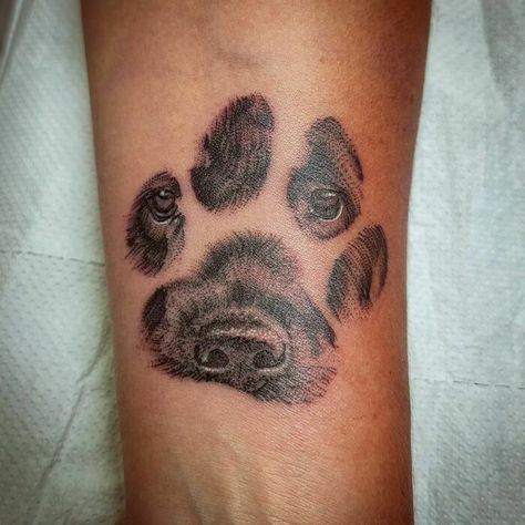 Dog Paw Print Tattoo Sleeve, Tattoos In Memory Of Pets, Dog Face In Paw Print Tattoo, Lost Pet Tattoo Dog, Passed Dog Tattoo Ideas, Dead Dog Tattoo, Dog Footprint Tattoo, Woody Tattoo, Dog Remembrance Tattoo