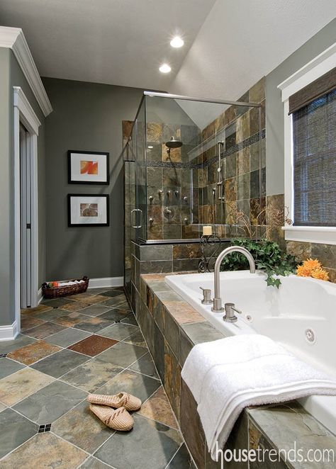 A master bathroom in combines Zen-like qualities with modern features to create a truly relaxing space Steam Room Tile Ideas, Spa Like Master Bath Rustic, Asian Biscuits, Home Spa Bathroom Steam Room, Bathroom Brown Tile, Sticks Wallpaper, Bathroom Tile Ideas Shower Walk In River Rocks, Rustic Bathroom Tile Ideas River Rocks, Calming Bathroom