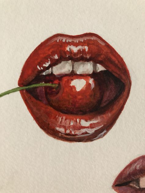 Art Sketchbook Lips, Tongue Piercing Drawing, Red Drawing Aesthetic, Lips Drawing Color, Lips Art Painting, Red Lips Drawing, Watercolour Lips, Lips With Lollipop, Red Drawing Ideas