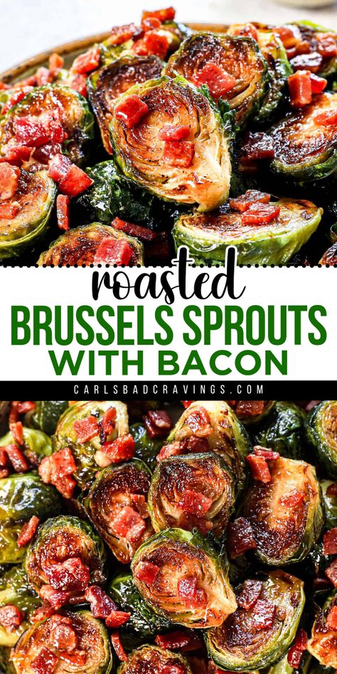 A holiday dinner idea featuring baked Brussels sprouts! Crispy with a balsamic honey sriracha glaze, these Roasted Brussels Sprouts with Bacon are just perfect. Variations on this Christmas side dish recipe included! Holiday Roasted Brussel Sprouts, Bacon Brussel Sprouts Balsamic, Roast Brussel Sprouts With Bacon, Best Ever Brussel Sprouts, Bressule Sprouts Recipe, Brussel Sprouts Roasted With Bacon, Brussel Sprouts Bacon Balsamic, Brussel Sprout Recipes Baked, Crispy Balsamic Brussel Sprouts