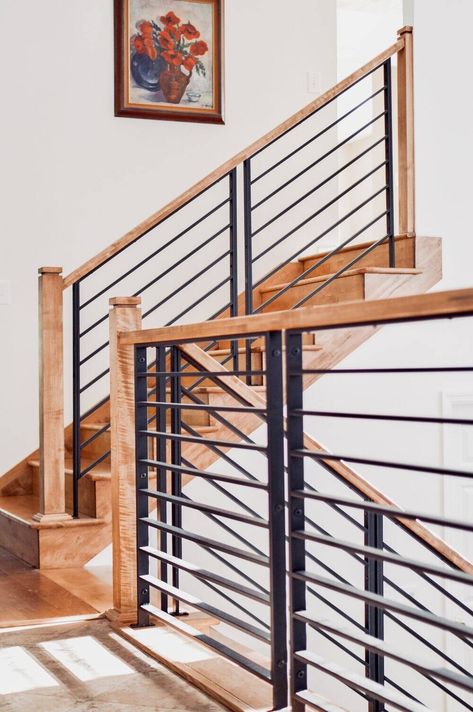 Linear Metal Panel System Highlight of Home Renovation — L.J. Smith Stair Systems Horizontal Railings For Stairs, Diy Modern Stair Railing, Indoor Metal Stair Railings, Metal Banister Ideas, Indoor Railing Ideas Living Rooms, Iron And Wood Stair Railing, Wood And Metal Stair Railing, Cabin Hallway, Metal Staircase Design