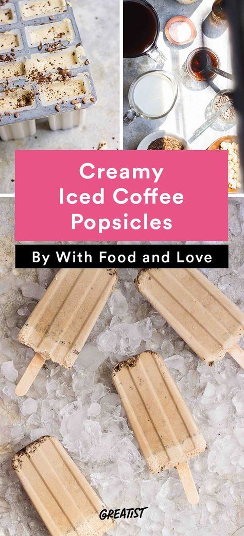 Home Made Popsicles Healthy, Creamy Iced Coffee, Iced Coffee Popsicles, Fruit Popsicle Recipes, Gourmet Popsicles, Peach Popsicles, Coffee Popsicles, Healthy Popsicle Recipes, Chocolate Popsicles