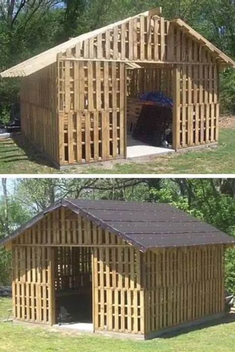 38 DIY Pallet Shed Plans For Storage And Shelter - Handy Keen Diy Pallet Shed, Pallet House Plans, Pallet Shed Plans, Outside Sheds, Diy Storage Shed Plans, Big Sheds, Keyhole Garden, Pallet Building, Craft Show Booths