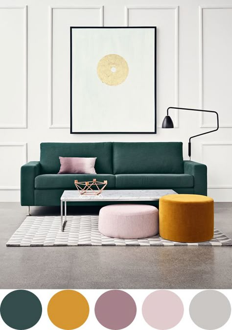 Decoração Sala: cores + mesa de centro com pufes + quadro giga Green Couch, Sleeper Sofas, Decoration Inspiration, Trendy Decor, A Living Room, Interior Design Tips, Colour Schemes, Room Colors, Home Fashion