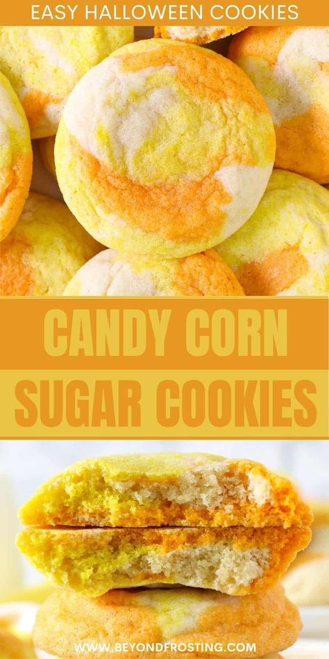 Try these easy Candy Corn Sugar Cookies made with a quick sugar cookie dough- no chilling required! This simple technique of coloring the cookie dough and mixing together create a tye dye effect. Kids and adults will love these Halloween cookies. They're soft and chewy in the middle and crispy on the outside. Candy Corn Cake Mix Cookies, Candy Corn Cookies Recipe, Candy Corn Cookies Easy, Quick Sugar Cookies, Candy Corn Shaped Cookies, Peanut Butter Candy Corn Cookies, Turkey Cookies With Candy Corn, Candy Corn Sugar Cookies, Candy Corn Recipe