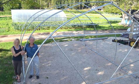 How to build a greenhouse - gothic style and on the cheap! We use off the shelf chainlink fence parts and some EMT for a great DIY greenhouse. Gothic Greenhouse, Chainlink Fence, Build A Fence, Diy Picnic, Diy Picnic Table, Picnic Table Bench, Build A Greenhouse, Electrical Conduit, Building A Fence