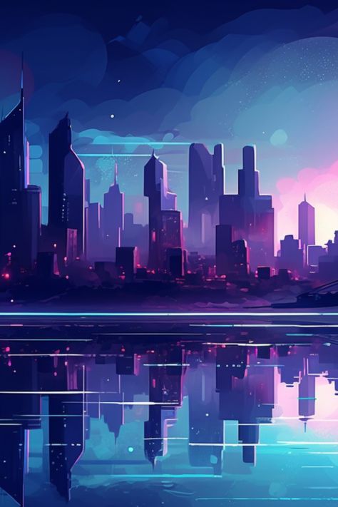 A landscape of a city skyline at night, with the lights of the buildings casting reflections on the water below. The sky is painted in shades of blue and purple, giving the picture a futuristic and sleek feel. Drawing City Backgrounds, Cityscape Digital Painting, Futuristic Cityscape Drawing, Future City Skyline, City Drawing Background, Futuristic Building Drawing, Futuristic City Skyline, City Digital Art Tutorial, Digital Art Cityscapes