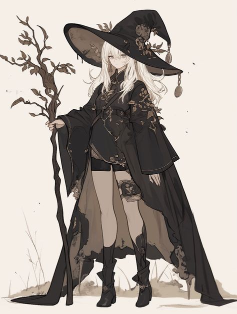 Witch Bag Drawing, Futuristic Witch Character Design, Anime Witch Character Design, Witch Anime Character, D&d Witch Character, Witch Art Outfit, Fetchlings Pathfinder, Dark Witch Character Design, How To Draw A Witch Hat