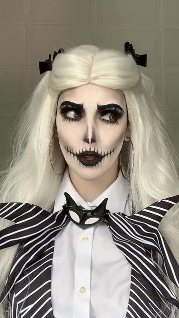 Jack Skellington Women’s Costume, Jake Skellington Makeup, Jack Skellington Inspired Makeup, Female Jack Skellington Makeup, Jack Skellington Female Costume, Girl Jack Skellington Costume, Jack The Skeleton Makeup, Jack Makeup Halloween, Jack Skellington Costume Women