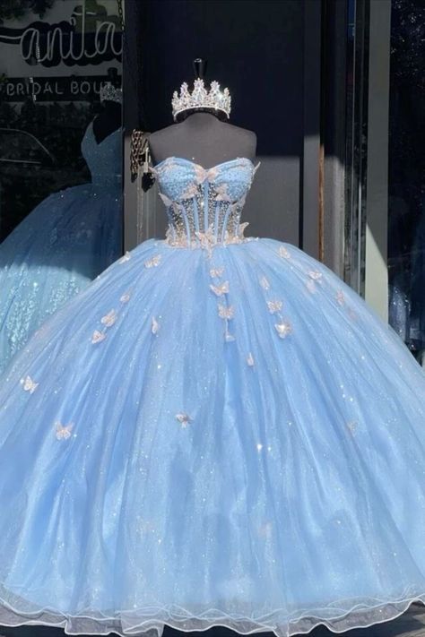 Butterfly Quince Dress, Butterfly Quinceanera Dress, Sky Blue Quinceanera Dresses, Blue Quince Dress, Butterfly Sweet 16, Light Blue Quinceanera Dresses, Baby Blue Quinceanera, Light Blue Quince, Cinderella Quinceanera Themes