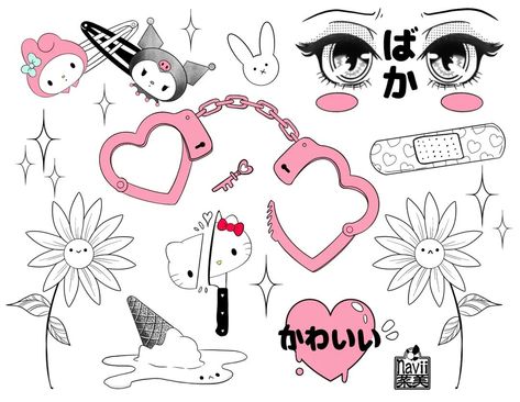 Sanrio Tattoo Flash Sheet, Hello Kitty Tattoo Flash Sheet, Kawaii Tattoo Flash Sheet, Kawaii Flash Sheet, Y2k Tattoo Flash Sheet, Valentine’s Day Flash Sheet, Valentines Flash Tattoo Sheet, Bandage Tattoo Design, Kawaii Tattoo Flash