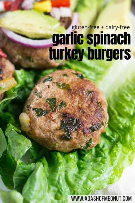 These spinach garlic turkey burgers are perfect for Sunday meal prep. Top with lettuce, salsa, avocado and some grilled veggies for the ultimate burger. They're super simple to make with whole ingredients like ground turkey, spinach, garlic, salt, pepper and cumin. That's seriously it. No filler. No eggs. Just delicious turkey meat. The garlic packs the flavor so don't skimp on that! These burgers would also be a great topper for a salad! #glutenfree #dairyfree Ground Turkey Spinach, Garlic Turkey, Spinach Burgers, Ground Turkey Burgers, Salsa Avocado, Turkey Spinach, Turkey Patties, Ground Turkey Recipes Healthy, Ultimate Burger