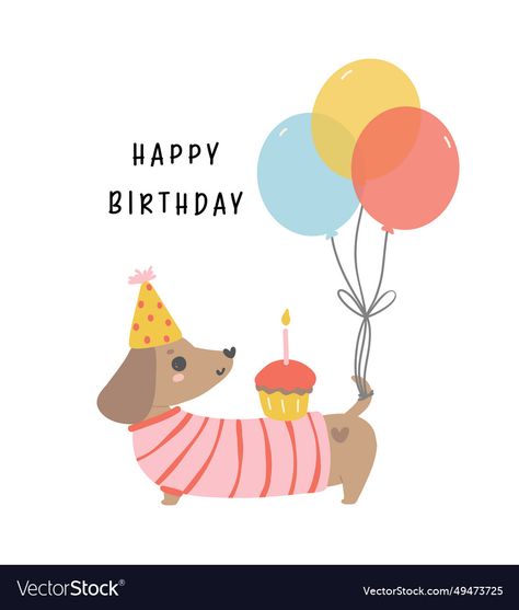 Dog Birthday Illustration, Birthday Dog Pictures, Cartoon Hand Drawing, Arte Dachshund, Dachshund Illustration, Hat Vector, Birthday Card Drawing, Dog Birthday Card, Birthday Illustration