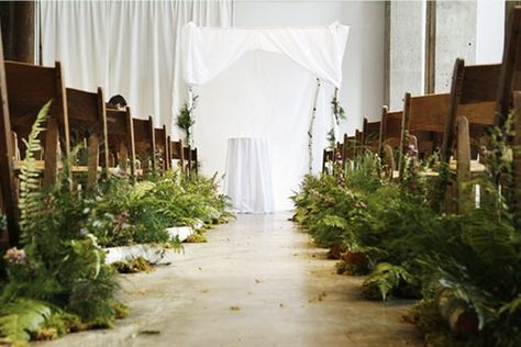 Gorgeous indoor woodland wedding. Don't think my venue would allow this due to the mess, but it would fit our theme Wedding Aisles, Fern Wedding, Indoor Garden Wedding, Instead Of Flowers, Garden Theme Wedding, Garden Weddings Ceremony, Woodsy Wedding, Indoor Ceremony, Aisle Decor