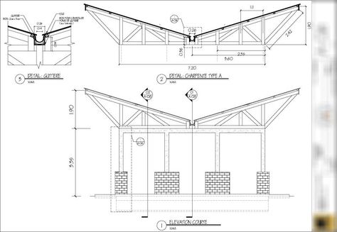 Drawing: Inverted Truss with Gutter Detail Roof Drawing, Roof Truss Design, Butterfly Roof, Section Drawing, Roof Construction, Roof Architecture, Roof Trusses, Roof Structure, Architectural Drawing