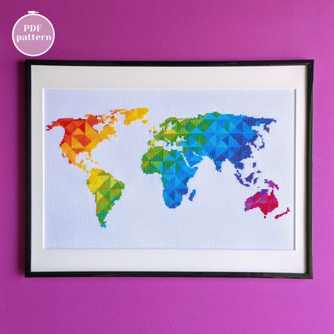 World map cross stitch scheme for instant download. Rainbow colored modern xstitch pattern. DIY stitched wall decor. Gift for traveler World Map Cross Stitch, Map Cross Stitch, Gift For Traveler, Xstitch Patterns, Watercolor Galaxy, Stitching Art, Blue Watercolor, Fall Home Decor, Travel Gifts