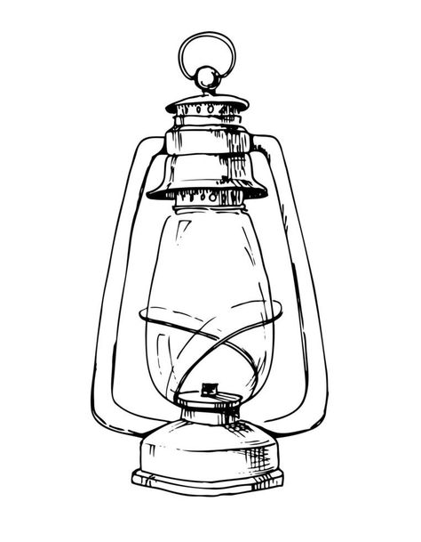 Drawing Lamp, Vintage Cute Drawing, Vintage Things To Draw, Lantern Doodle, Vintage Drawing Ideas, Lantern Designs Drawing, Lantern Sketch, Kerosene Lamp Tattoo, Oil Lamp Drawing