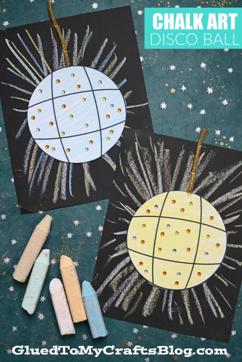 Chalk Art Disco Ball - New Year's Eve Kids Craft Idea - Glued To My Crafts Disco Ball Craft Preschool, Decades Themed Crafts, Decades Crafts For Kids, Decades Activities For Kids, Rockstar Crafts For Kids, Retro Crafts For Kids, Disco Activities For Kids, 70s Crafts For Kids, Disco Ball Crafts For Kids