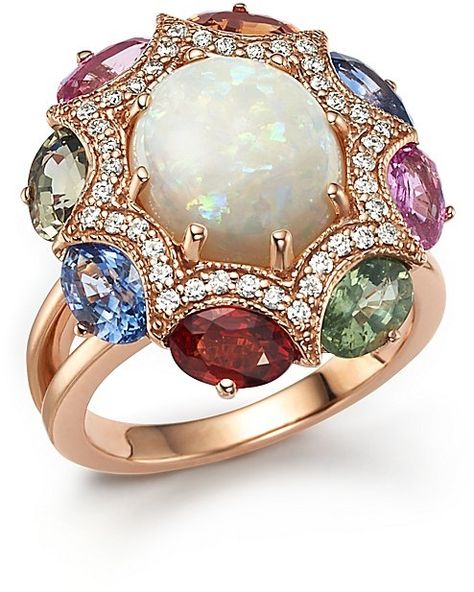 Diamond, Multi Sapphire and Opal Statement Ring in 14K Rose Gold Opal Statement Ring, Multi Sapphire, Rose Gold Diamond Ring, Diamond Cocktail Rings, Exclusive Jewelry, Pink Amethyst, Opal Jewelry, Cocktail Ring, Stone Ring