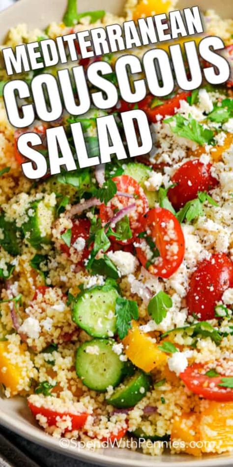 This easy couscous salad recipe is ready in 20 mins, even faster if using leftover couscous! With the addition of fresh, chopped vegetables and homemade tangy dressing this salad will be on your menu all year long! #spendwithpennies #couscoussalad #easysaladrecipe #couscousrecipe #simpelsummersalad #coldcouscoussalad #pastasalad Salad Couscous Recipes, Cooscoos Salad, Mediterranean Recipes Couscous, Couscous Quinoa Salad, Couscous Salad Recipes Healthy, Mediterranean Cous Cous Salad Recipes, Salad Recipes Couscous, Cous Cous Pasta Salad Recipes, Cous Cous Salad Recipes Easy