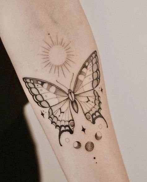 Snake And Butterfly Tattoos For Women, July Butterfly Tattoo, Sun With Butterfly Tattoo, Butterfly Celestial Tattoo, Sun And Moon Butterfly Tattoo, Art Nouveau Butterfly Tattoo, Butterfly Tattoo Inspiration, Moth And Butterfly Matching Tattoos, Mystical Butterfly Tattoo