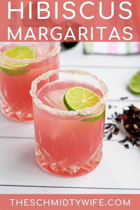 A pink and tropical take on the classic margarita. This Hibiscus Margarita Recipe takes on a sweet floral yet also tart flavor! A perfect refreshing drink thanks to the popular herbal hibiscus tea! Craft Margarita Recipe, Refreshing Margarita Recipe, Hibiscus Alcoholic Drinks, Hibiscus Margarita Recipe, Pink Liquor Drinks, Hibiscus Tea Drinks, Hibiscus Drink Recipes, Pink Margarita Recipe, Sweet Margarita Recipe