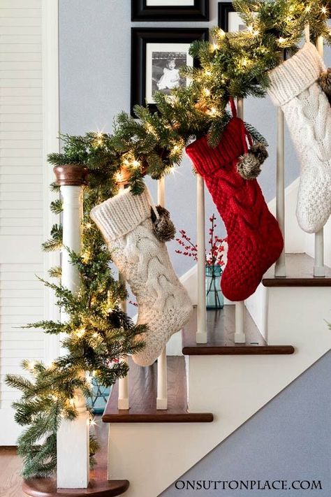 Christmas Entry Decor | Garland, Stockings & Berries | Easy ideas for decorating your foyer and stairway for Christmas. Budget friendly and festive! Christmas Staircase Decor, Christmas Budget, Christmas Stairs, Christmas Entry, Christmas Staircase, Entry Decor, Simple Christmas Decor, Christmas Inspo, Easy Ideas