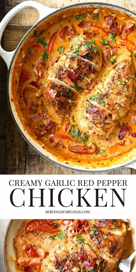 Bell Pepper Recipes With Chicken, Red Pepper Chicken Recipes, Chicken And Bell Pepper Recipes, Easy Low Cholesterol Meals, Red Pepper Chicken, Pepper Chicken Recipe, Red Pepper Recipes, Recipes With Chicken And Peppers, Creamy Garlic Sauce