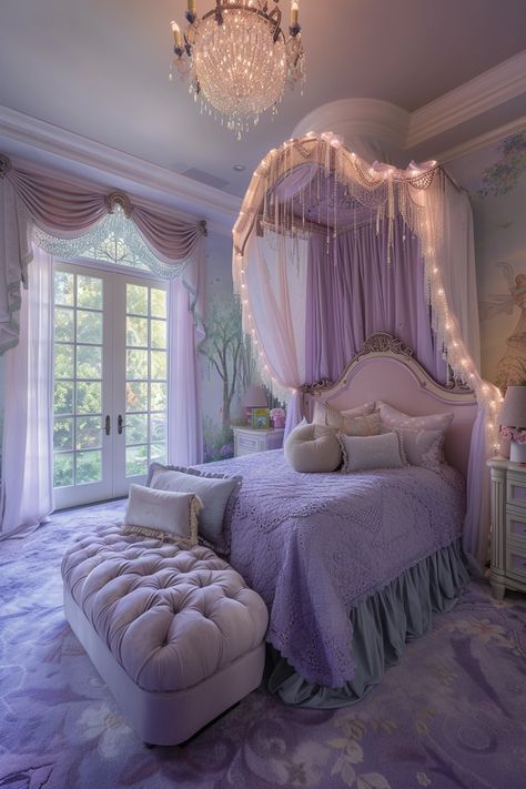 Enchanting Lilac Bedroom Makeover: Transform Your Space into a Fairy-Tale Retreat! Lilac Room Aesthetic, Purple Fairy Bedroom, Purple Coquette Room, Purple Bed, Lavender Luxury Bedroom, Fairytale Bedroom Ideas For Adults, Purple Princess Bedroom Ideas, Purple Bed Aesthetics, Princess Room Purple