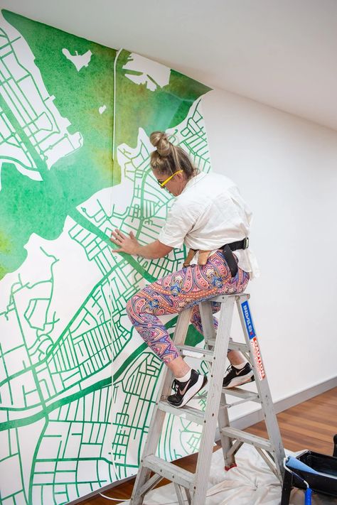 Custom designed wallpaper mural featuring hand drawn map of Sydney with beautiful green watercolour background Office Mural Ideas, Office Mural Design, Office Mural, Watercolour Background, Mural Artist, Map Murals, Sydney City, Hand Drawn Map, Drawn Map