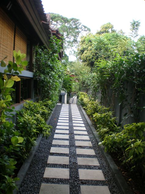 Side Yard Gardens Narrow, Side Yard Lounge Area, Garden Side Of House, Alley Landscape, Narrow Garden, Backyard Walkway, Landscaping Ideas On A Budget, Side Yard Landscaping, River Rock Landscaping