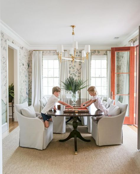 We’re loving how @meganstokes and @betseymosbyinteriors styled our new Dressmaker Camden Dining Chairs in her chic dining room! Get to know… | Instagram Dining Room With Upholstered Chairs, Coley Home, Megan Stokes Home, Light Green Dining Room, Dining Room Upholstered Chairs, Dining Room Turned Library, Southern Dining Room, Hardwood Bed, The Dressmaker