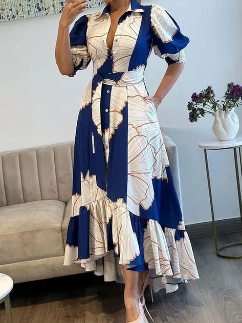 Elegant Shirt Collar Short Sleeve Floral Regular Fit Maxi Dress With Belt | stylewe Best Wedding Guest Dresses Classy, Flower Dresses Outfit, Gowns For Bride, Stylish Gowns, Shirt Gown, Shirt Dress With Belt, Maxi Dress With Belt, Women's Maxi Dresses, Dress Party Wear