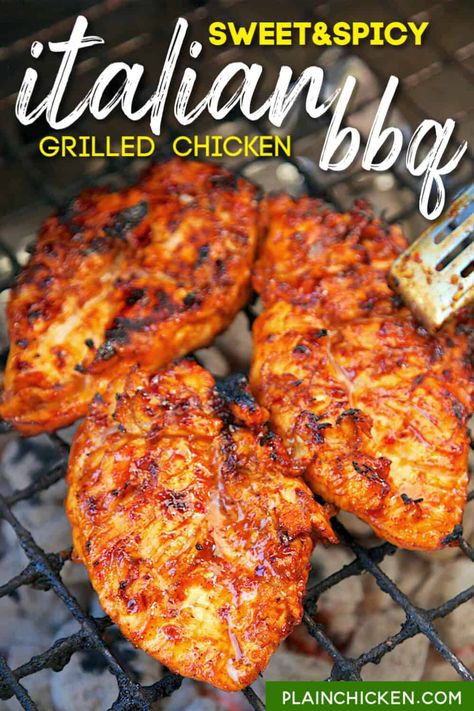 Sweet and Spicy Italian BBQ Grilled Chicken - only 4 ingredients in the marinade! BBQ sauce, Italian dressing, chili powder and red pepper flakes. Sweet and spicy! SO delicious! We make this once a week. Everyone cleans their plate. The chicken is so juicy and has TONS of flavor! We never have any leftovers. #chicken #grilled #bbq Italian Bbq Chicken, Italian Marinade, Italian Bbq, Chicken On The Grill, Healthy Bbq, Best Chicken Marinade, Grilled Chicken Recipes Easy, Recipes Spicy, Grill Steak