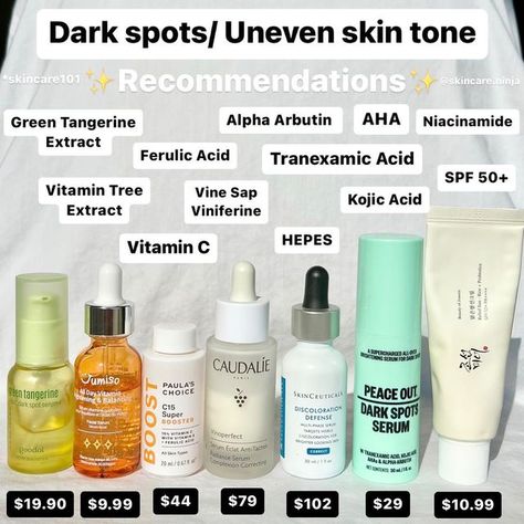 🐼 Kin W (Jay) 🇺🇸 on Instagram: "Have you tried any of these? Dark spots/ hyperpigmentation is a complex skin issue. It takes a long time to even skin tone. It took me a complicated skincare routine & 6 months to completely fade my acne marks & dark spots & PIE & PIH in 2018. These are some skincare ingredients & products I recommend for dark spots & hyperpigmentation. POV: how you build your routine>>> a single product. Be REALISTIC about your skin goals & don’t expect cosmetic products to er Best Skin Care Products For Hyperpigmentation, Oily Skin Care Routine Hyperpigmentation, Fading Dark Spots On Skin, How To Fade Dark Spots On Skin, Products To Even Skin Tone, Skincare For Even Skin Tone, Skin Care Routine For Dark Spots, Even Tone Skin Products, Dark Spot Products