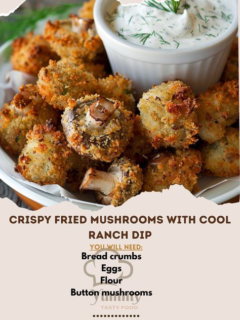 🍄 Crispy Fried Mushrooms with Cool Ranch Dip – crunchy, savory, and irresistibly delicious! 🍄🥣 #FriedMushrooms #AppetizerGoals Crispy Fried Mushrooms with Cool Ranch Dip Ingredients: Button mushrooms (1 lb, cleaned) Flour (1 cup) Eggs (2, beaten) Bread crumbs (1 cup) Salt and pepper (to taste) Ranch dressing (1 cup) Sour cream (1/2 cup) Dill (1 tsp) Instructions: Heat oil in a deep fryer or large pot. Dredge mushrooms in flour, dip in eggs, then coat with bread crumbs. Fry until golden br... Crispy Fried Mushrooms With Ranch Dip, Crispy Fried Mushrooms, Deep Fried Mushrooms, Fried Mushroom Recipes, Mushrooms Recipes, Cozy Fall Recipes, Fried Mushrooms, Button Mushrooms, Ranch Dip