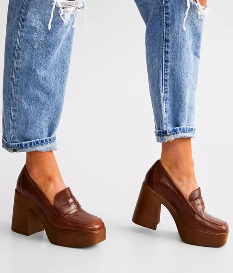 Brown Heel Loafers Outfit, 70s Loafers, Brown Loafer Heels, Heel Loafers, Brown Heeled Loafers, Brown Platform Loafers With Lug Sole And Flat Heel, Free People Loafers, Chic Brown Leather Platform Loafers, Brown Loafers Platform