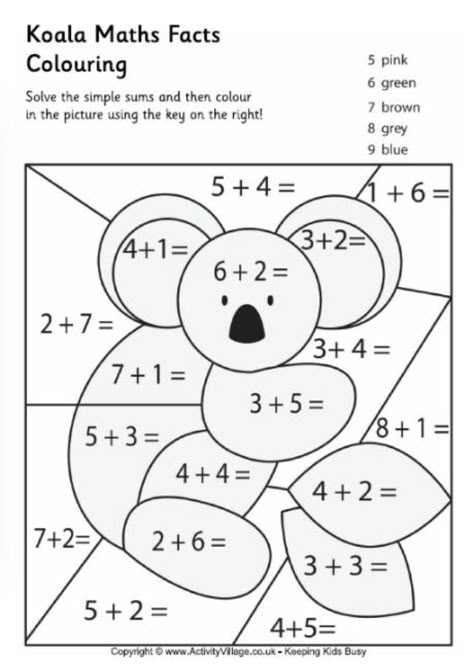 Koala math worksheet Maths Colouring Sheets, Worksheet For Kids, Math Coloring, Math Work, Math Methods, Kindergarten Math Worksheets, School Worksheets, 1st Grade Math, Math Facts