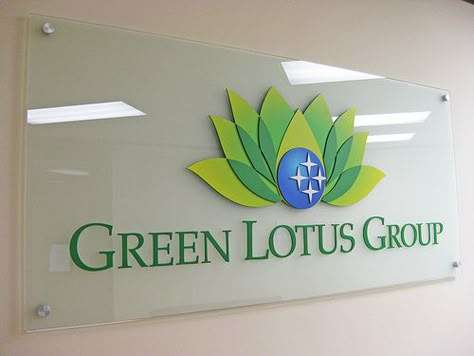 Etched Glass Signage with Custom Painted / Printed Digital Graphics and Aluminum Accents for the Green Lotus Energy Group, Houston-TX Lotus Energy, Glass Signs, Glass Signage, Entrance Signage, Window Glass Design, Whatsapp Logo, Lobby Sign, Company Signage, Office Signage