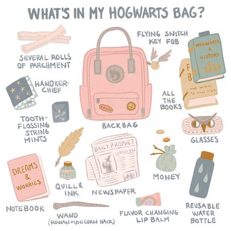 Uusikuu on Instagram: what’s in my Hogwarts bag. Harry Potter fan art, Gryffindor student supplies, Hogwarts school bag contents, colored pencil art, flat lay, procreate app, digital illustration, bought on Diagon Alley, Hogwarts a history, Fantastic neadts and where to find them, golden snitch, tooth flosding stringmints, Daily Prophet. Hogwarts Bag, Hogwarts School Supplies, Harry Potter Props, Quill And Ink, Harry Potter Houses, Hogwarts School, Harry Potter Aesthetic, Harry Potter Fan Art, Ravenclaw