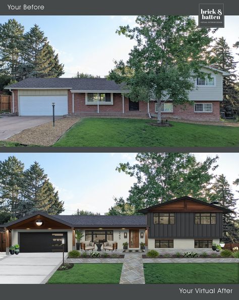 Our Favorite Home Exterior Trends 2021: Looking Back - brick&batten 1960s Split Level House Exterior, Vertical Siding Exterior With Brick, Brown Windows, Split Level House Exterior, Split Level Exterior, Window Trims, Exterior House Renovation, Ranch House Exterior, House Makeovers