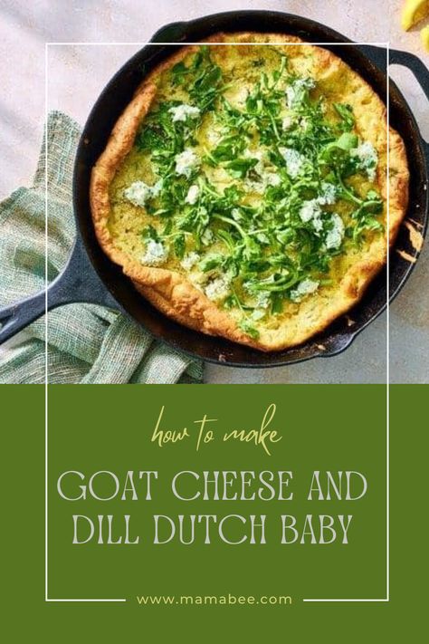 Goat Cheese and Dill Dutch Baby is a savory, herb-infused Dutch baby dish that bakes to a tender custard-like center, topped with crumbled goat cheese, dill, watercress, honey, and lemon juice, perfect for breakfast or brunch. Goat Cheese And Dill Dutch Baby Nyt, Goat Cheese And Dill Dutch Baby, Gf Dutch Baby, Dutch Baby Bake 12 Tomatoes, Gluten Free Dutch Baby, Savory Dutch Baby Recipe, Dutch Baby Pancake Savory, Savory Dutch Baby, Plant Plate