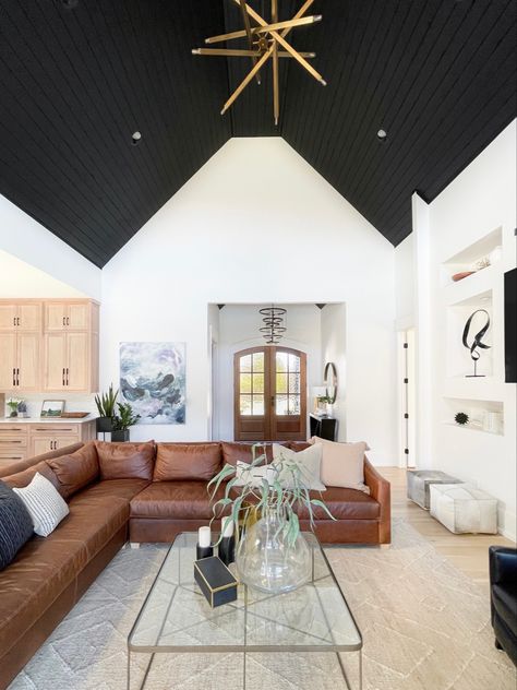 Dark Wood Vaulted Ceiling, Vaulted Ceiling Living Room Dark Paint, Dark Painted Vaulted Ceiling, Dark Paint Vaulted Ceiling, Dark Vaulted Ceiling, Stained Vaulted Ceiling Living Room, Black Vaulted Ceiling, Painted Vaulted Ceiling, Pitched Ceiling Living Room