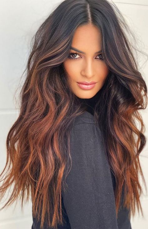 Copper Balayage Brunette, Copper Hair Dark, Dark Fall Hair, Rambut Brunette, Copper Balayage, Blond Balayage, Copper Hair Color, Brunette Balayage Hair, Balayage Brunette