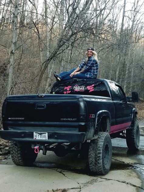 Girlfriend Truck Pictures, Truck Pictures Ideas, Pink Fuzzy Dice, Truck Senior Pictures, Black Chevy Silverado, Pink License Plate, Fuzzy Dice, Pink Window, Female Trucks