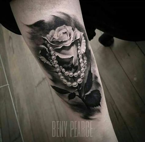 :-) Rose Pearl Tattoo, Flower And Pearls Tattoo, Rose With Pearls Tattoo, Tattoos With Pearls, Cool Rose Tattoos, Pearls Tattoo, Leg Tats, Rose And Pearl, Rose And Butterfly Tattoo