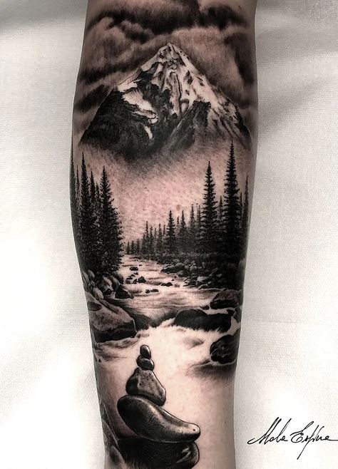 Mountain Landscape Tattoo, Mountain Sleeve Tattoo, Scenic Tattoo, Star Sleeve Tattoo, Waterfall Tattoo, Wilderness Tattoo, Dandelion Tattoo Design, Camping Tattoo, Scene Tattoo