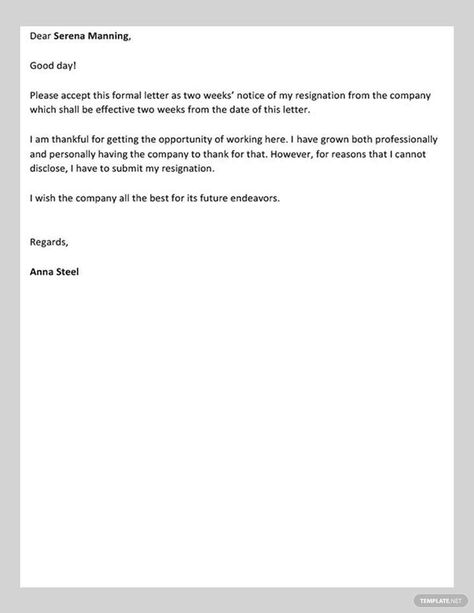 2 Week Notice Letter Simple, Two Weeks Notice Letter, 2 Week Notice Letter, Resignation Letter Format, Resignation Template, Short Resignation Letter, Job Resignation Letter, Resignation Letter Sample, Two Weeks Notice